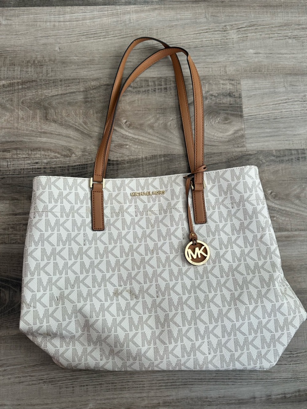 Michael Kors Vanilla Logo Tote with Tan Leather Straps